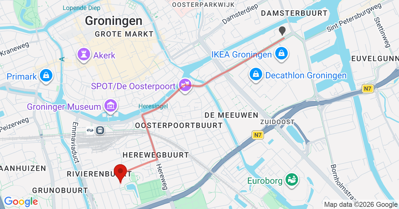 Kaart van het incident in Groningen met de aanrijroutes van de gealarmeerde eenheden