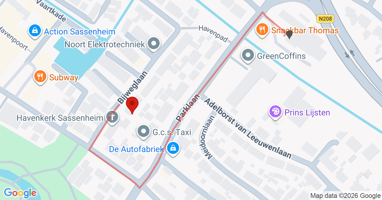 Kaart van het incident in Sassenheim met de aanrijroutes van de gealarmeerde eenheden