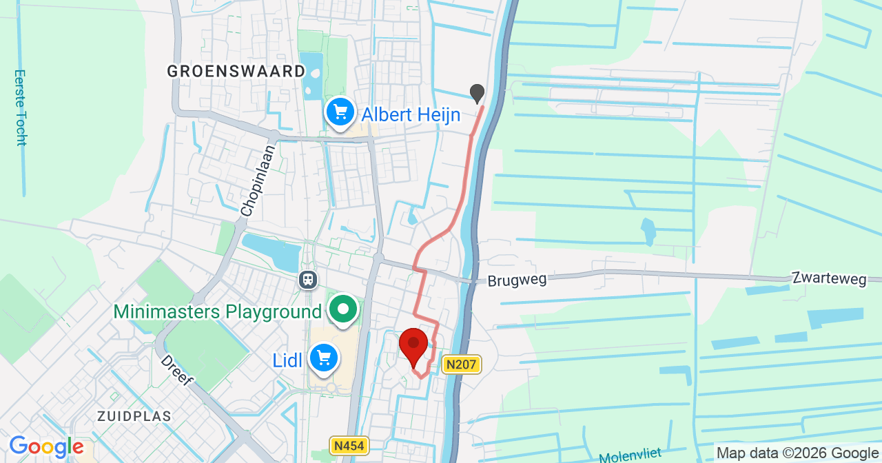 Kaart van het incident in Waddinxveen met de aanrijroutes van de gealarmeerde eenheden