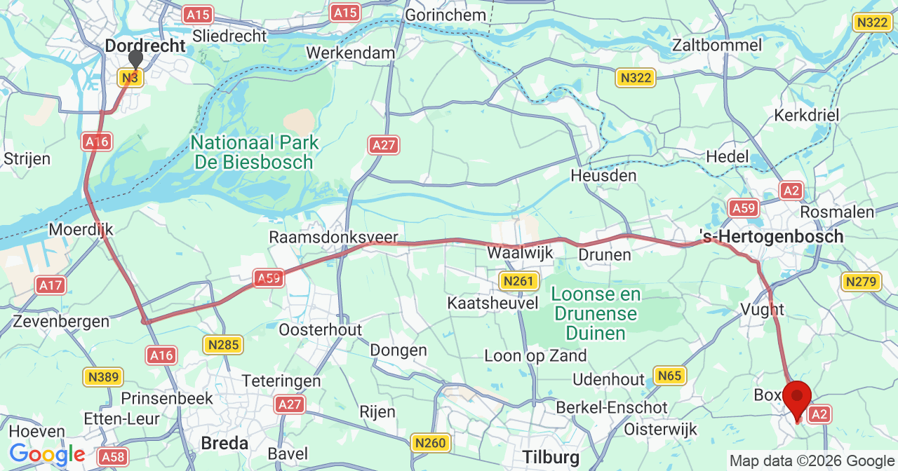 Kaart van het incident in Boxtel met de aanrijroutes van de gealarmeerde eenheden