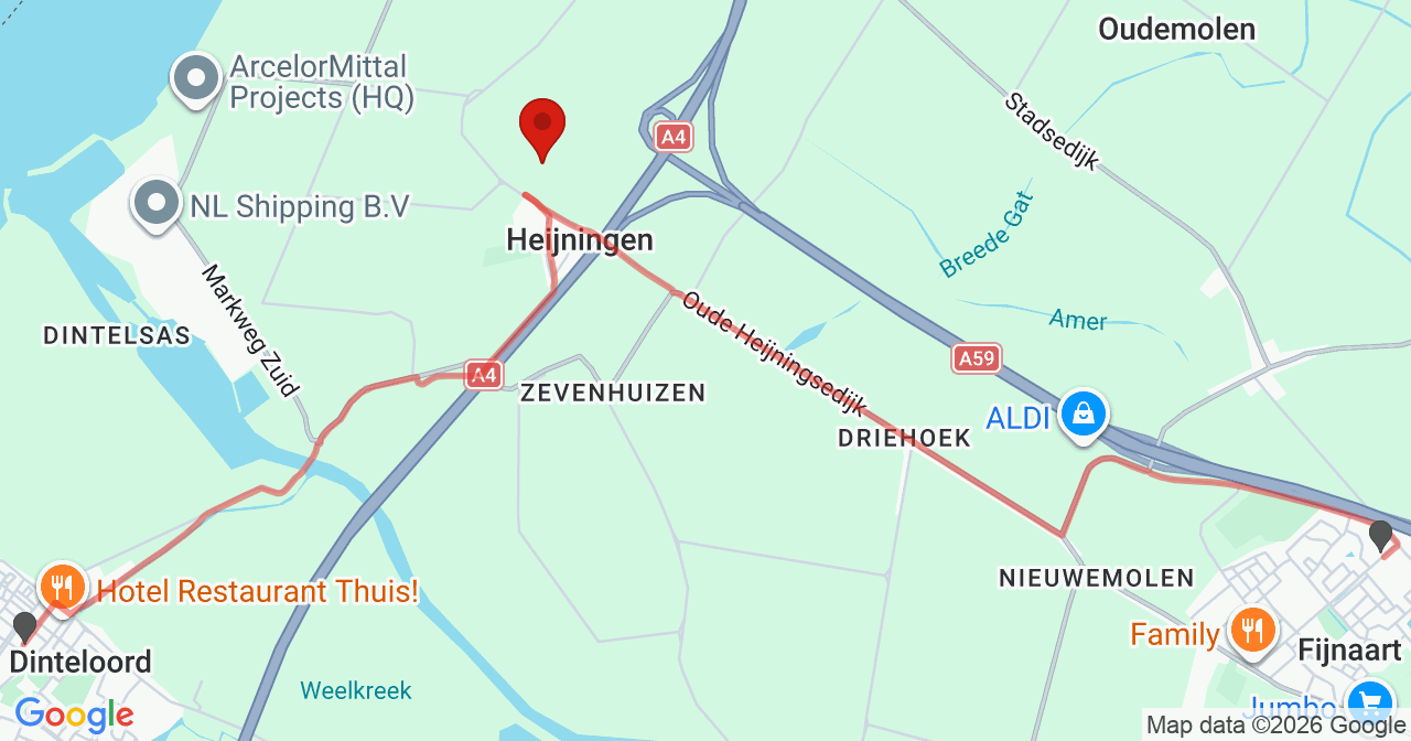 Kaart van het incident in Heijningen met de aanrijroutes van de gealarmeerde eenheden