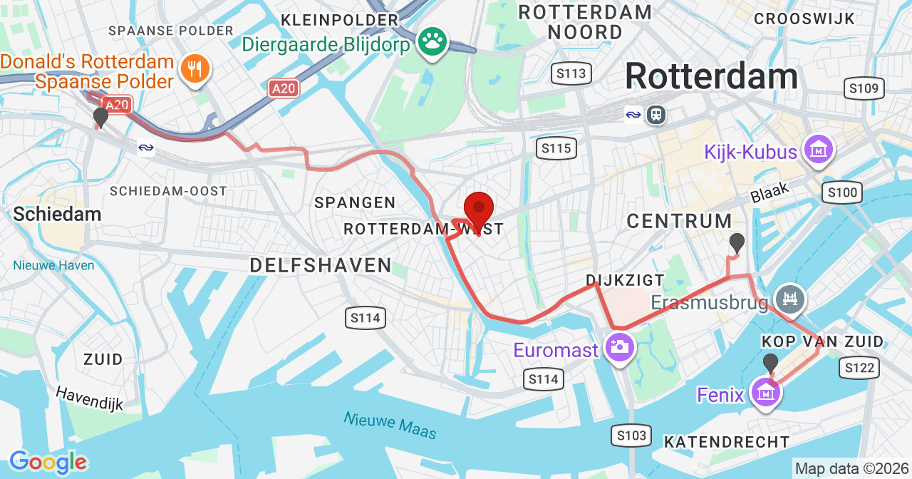 Kaart van het incident in Rotterdam met de aanrijroutes van de gealarmeerde eenheden