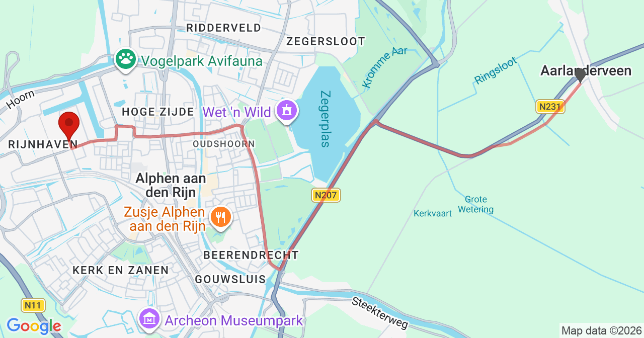 Kaart van het incident in Alphen aan den Rijn met de aanrijroutes van de gealarmeerde eenheden
