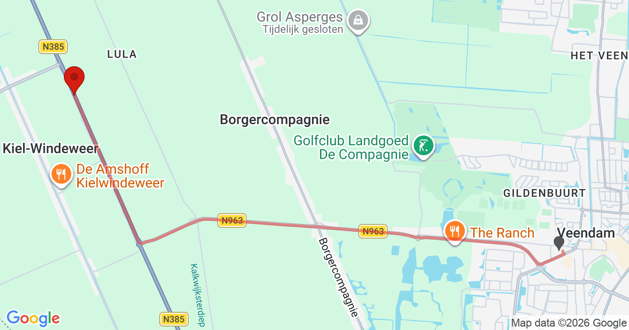 Kaart van het incident in Hoogezand met de aanrijroutes van de gealarmeerde eenheden