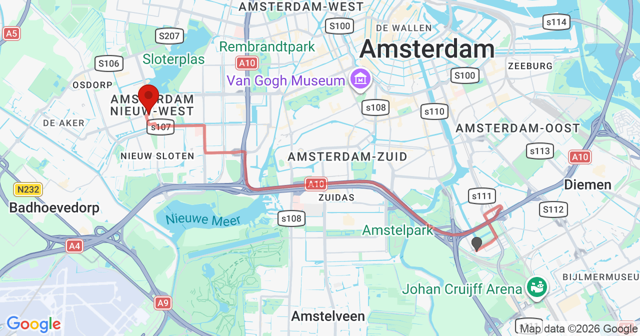 Kaart van het incident in Amsterdam met de aanrijroutes van de gealarmeerde eenheden