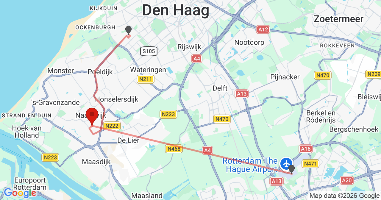 Kaart van het incident in Naaldwijk met de aanrijroutes van de gealarmeerde eenheden