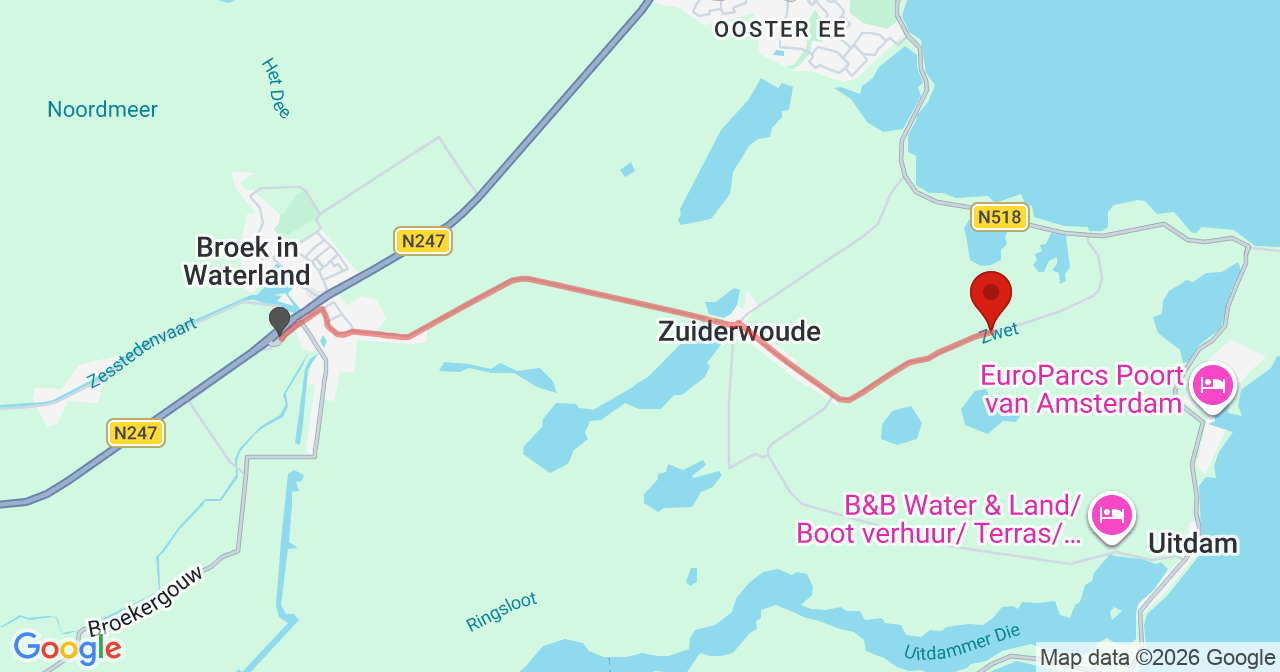 Kaart van het incident in Zuiderwoude met de aanrijroutes van de gealarmeerde eenheden