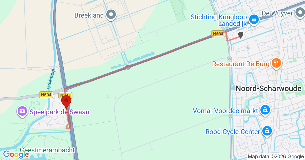 Kaart van het incident in Noord-Scharwoude met de aanrijroutes van de gealarmeerde eenheden