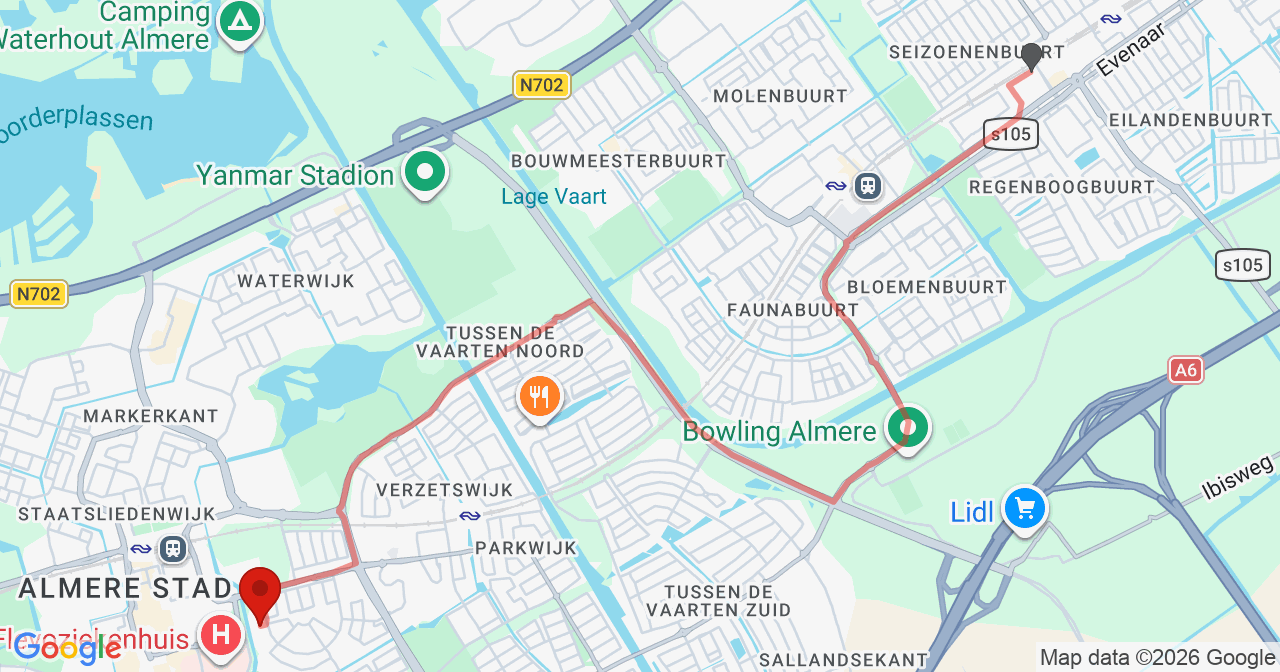 Kaart van het incident in Almere met de aanrijroutes van de gealarmeerde eenheden