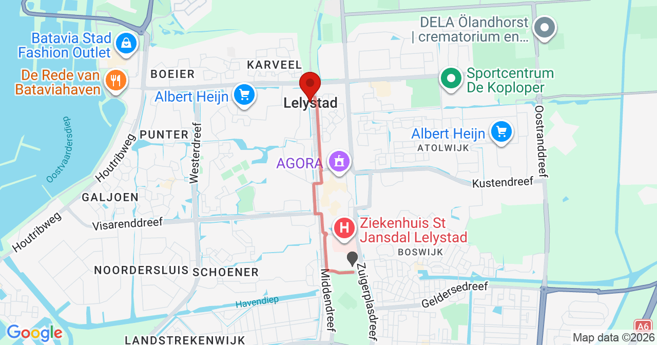 Kaart van het incident in Lelystad met de aanrijroutes van de gealarmeerde eenheden