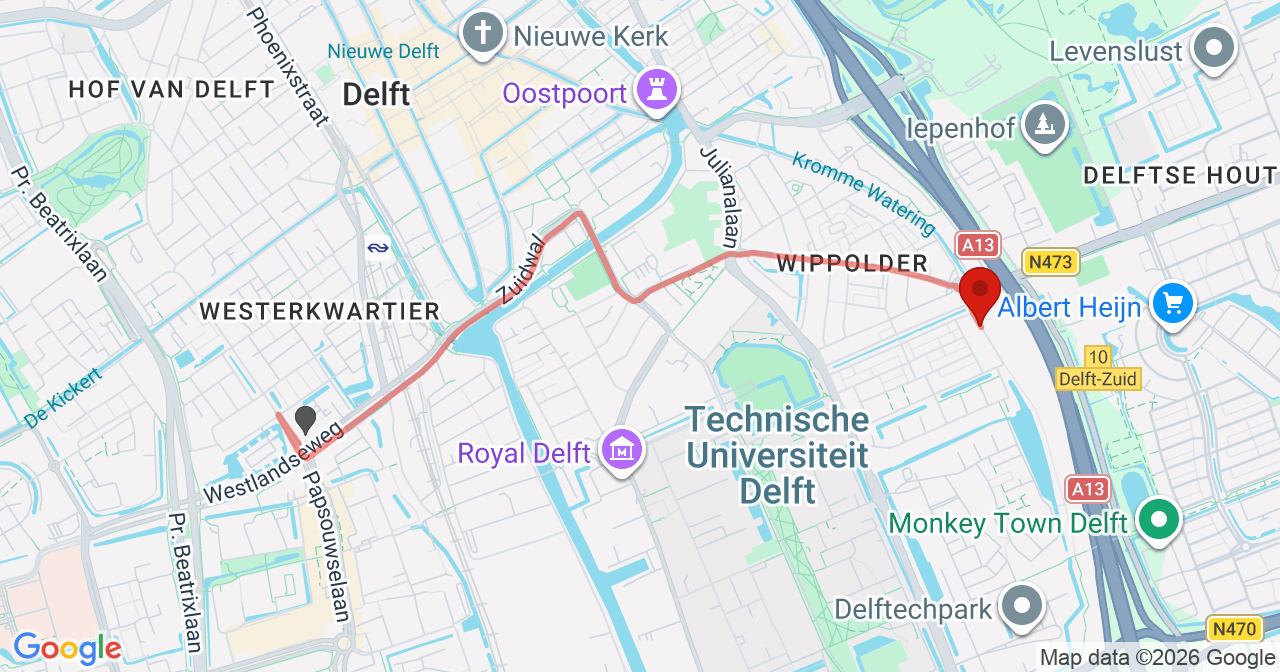 Kaart van het incident in Delft met de aanrijroutes van de gealarmeerde eenheden