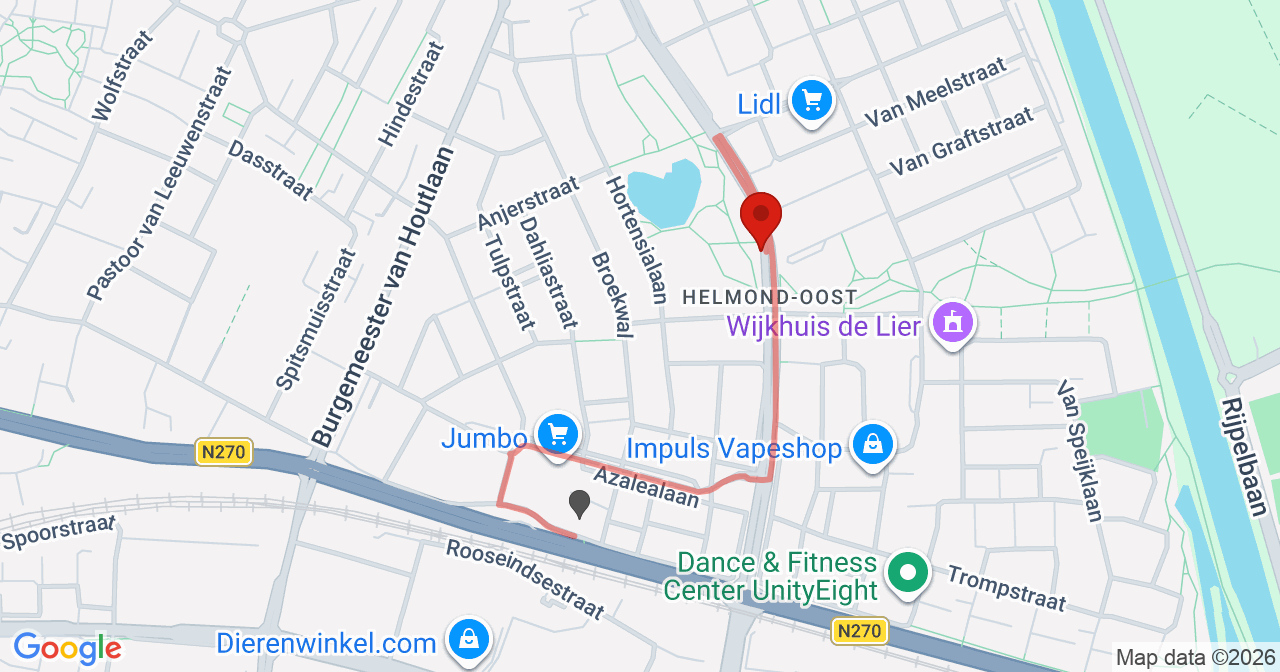 Kaart van het incident in Helmond met de aanrijroutes van de gealarmeerde eenheden