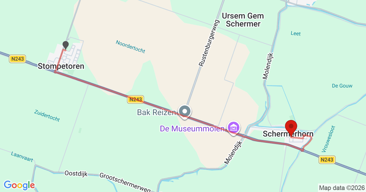 Kaart van het incident in Schermerhorn met de aanrijroutes van de gealarmeerde eenheden