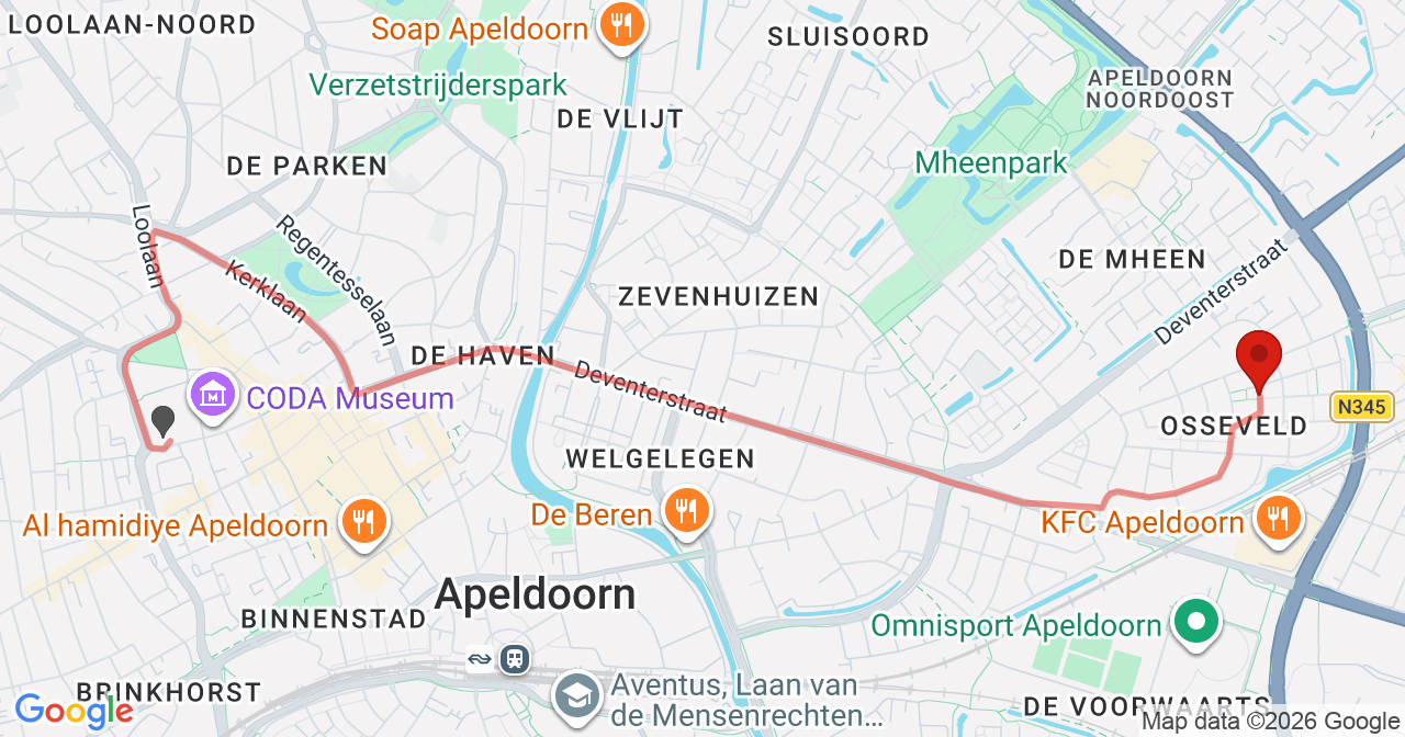 Kaart van het incident in Apeldoorn met de aanrijroutes van de gealarmeerde eenheden