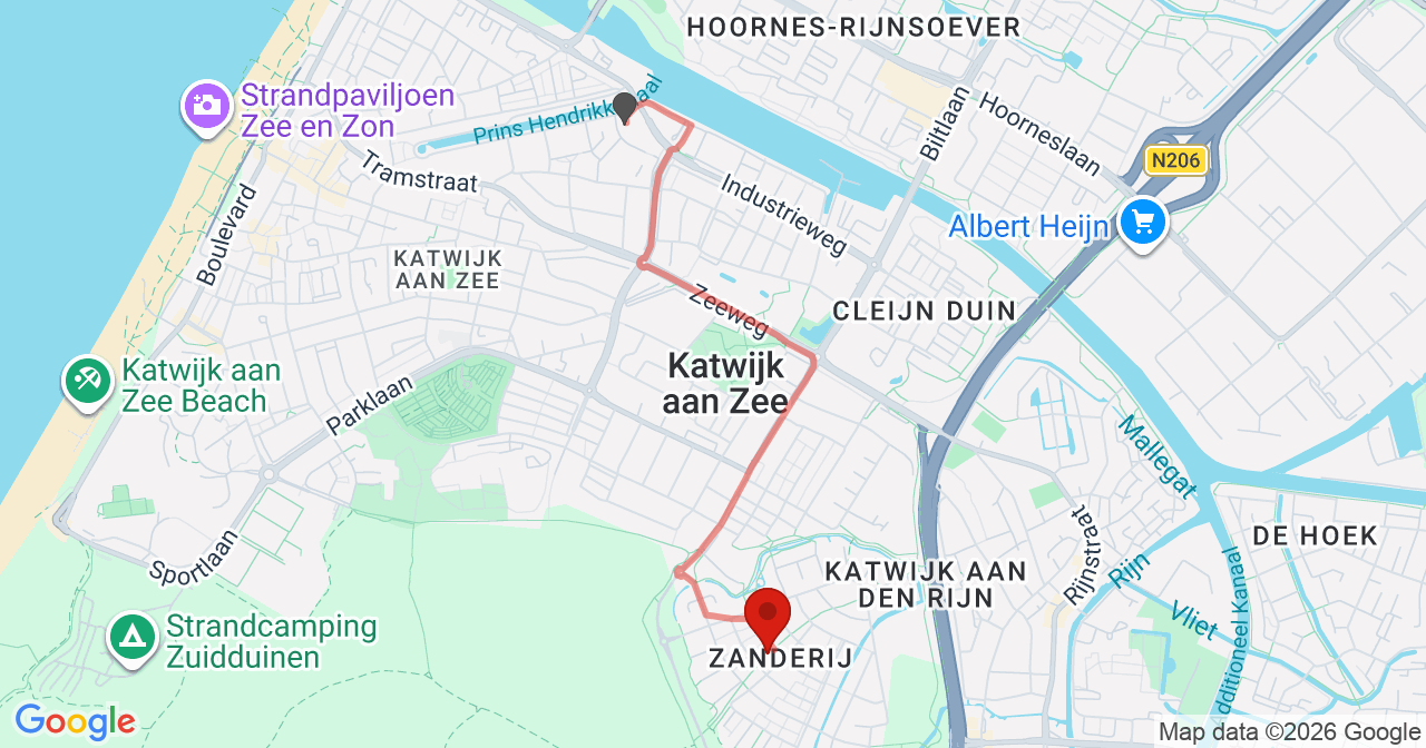 Kaart van het incident in Katwijk ZH met de aanrijroutes van de gealarmeerde eenheden