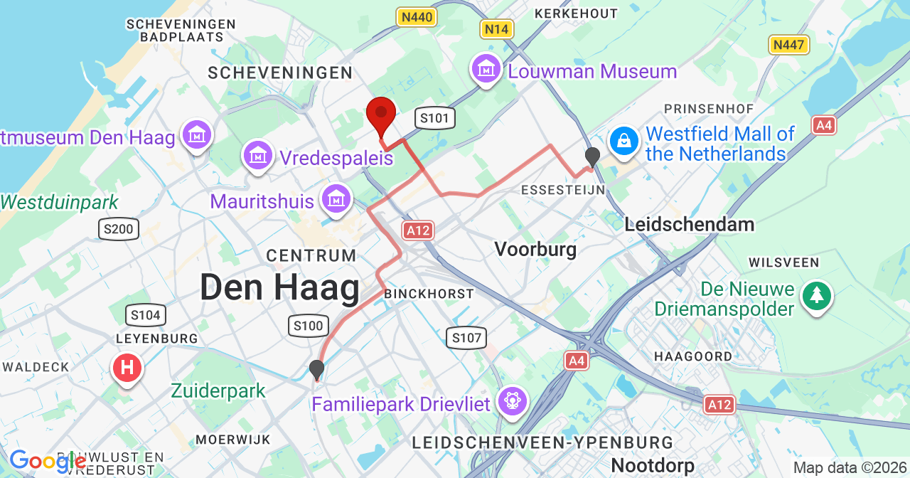 Kaart van het incident in 's-Gravenhage met de aanrijroutes van de gealarmeerde eenheden