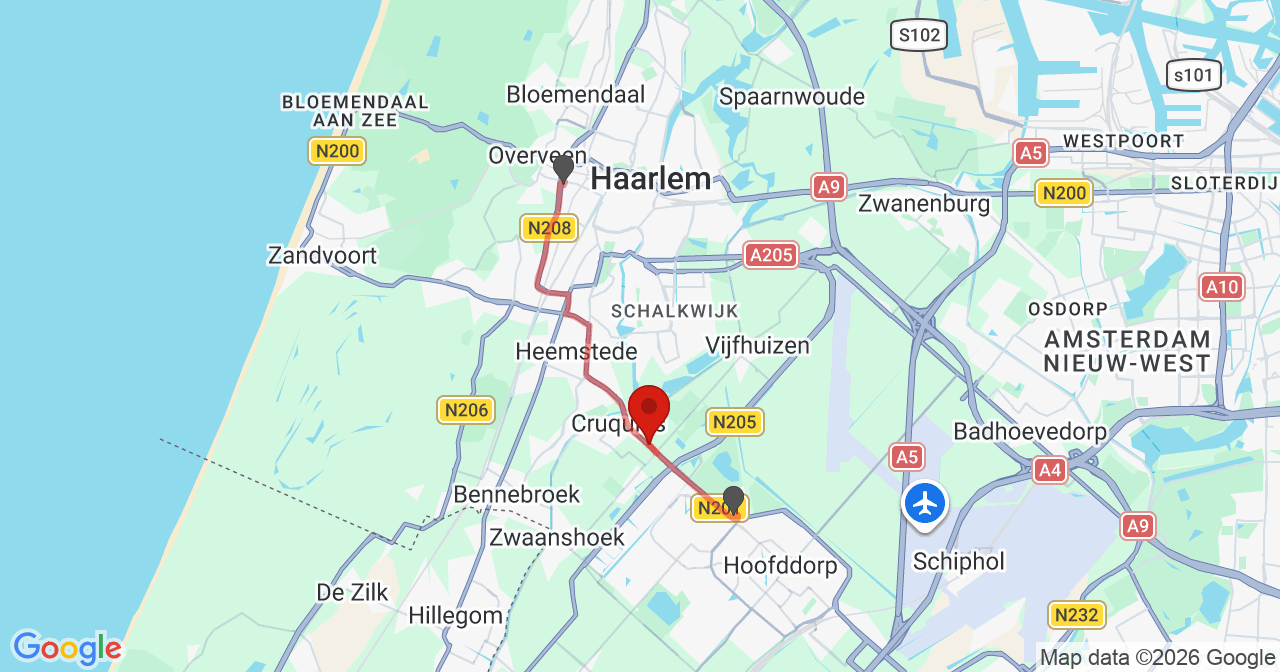 Kaart van het incident in Cruquius met de aanrijroutes van de gealarmeerde eenheden