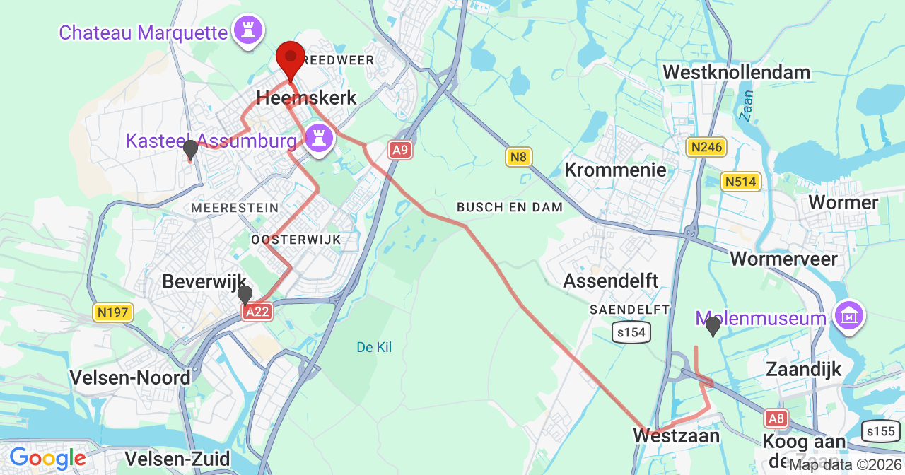 Kaart van het incident in Heemskerk met de aanrijroutes van de gealarmeerde eenheden