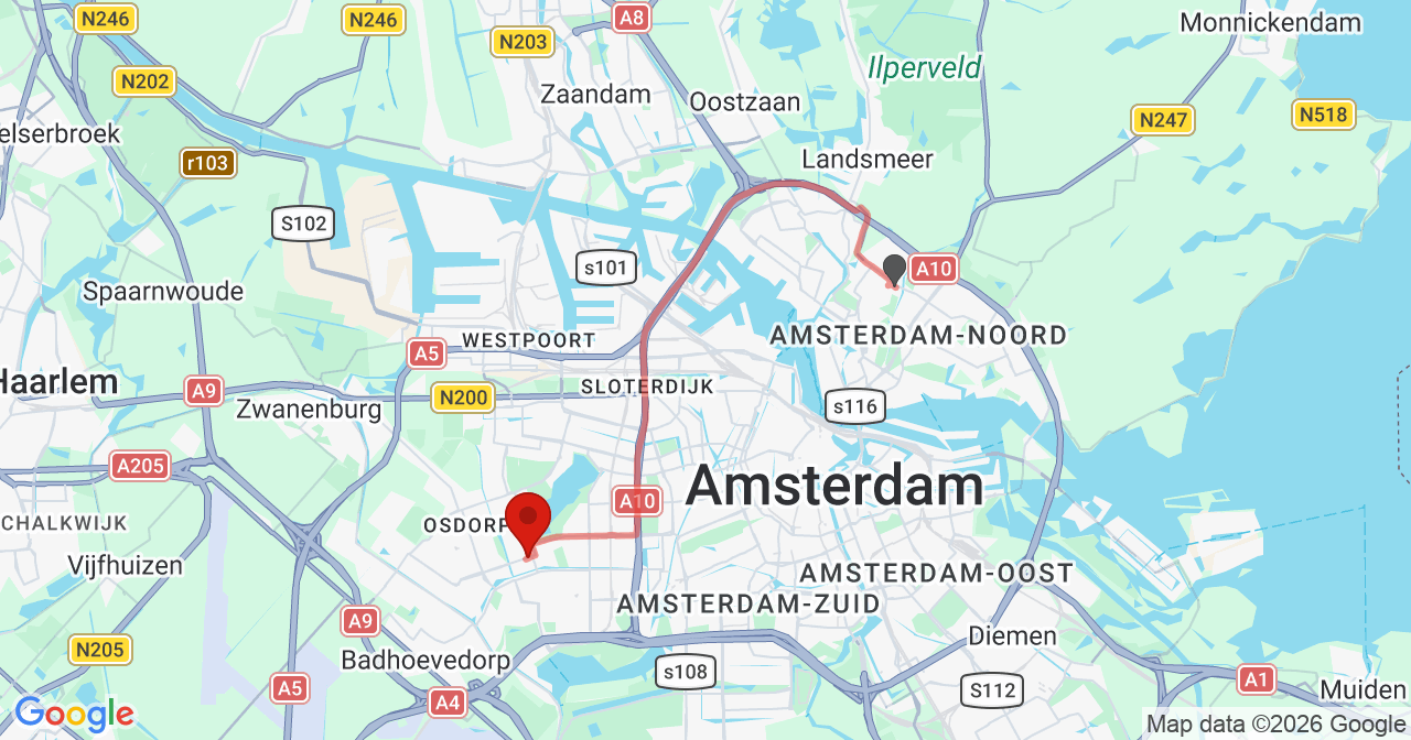 Kaart van het incident in Amsterdam met de aanrijroutes van de gealarmeerde eenheden