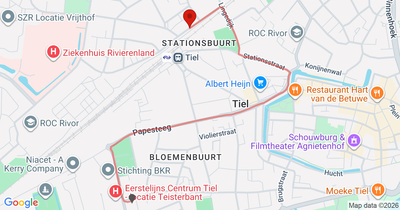 Kaart van het incident in Tiel met de aanrijroutes van de gealarmeerde eenheden
