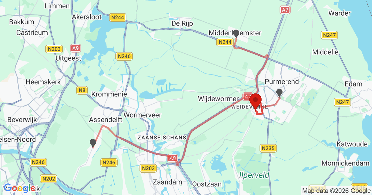 Kaart van het incident in Purmerend met de aanrijroutes van de gealarmeerde eenheden