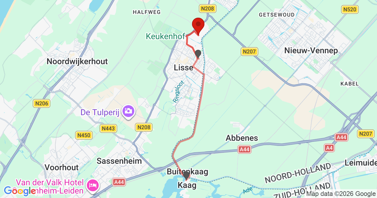 Kaart van het incident in Lisse met de aanrijroutes van de gealarmeerde eenheden