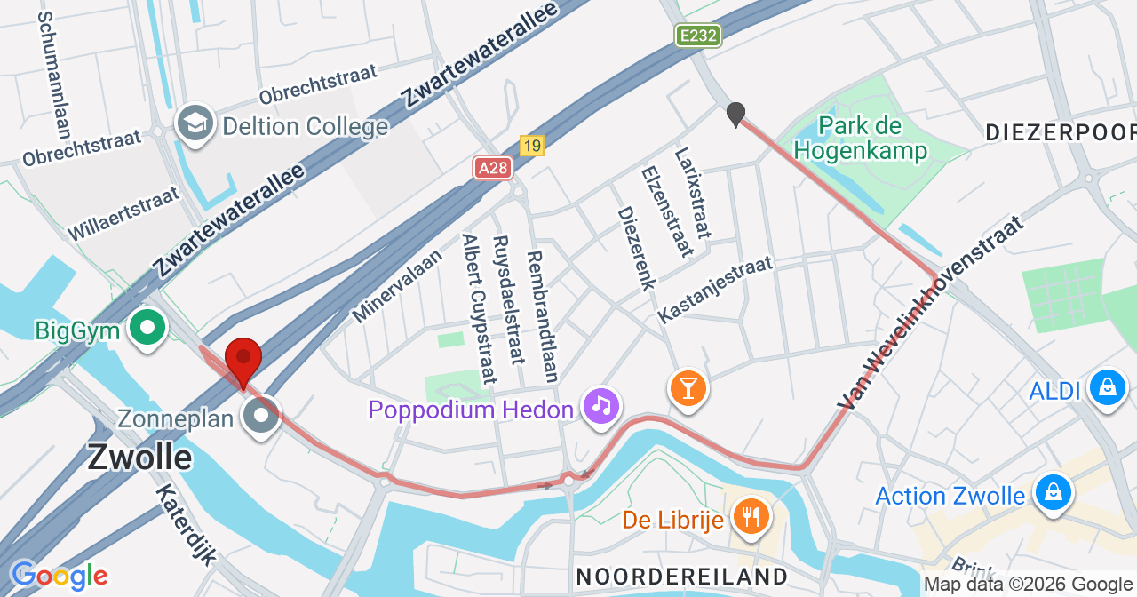 Kaart van het incident in Zwolle met de aanrijroutes van de gealarmeerde eenheden