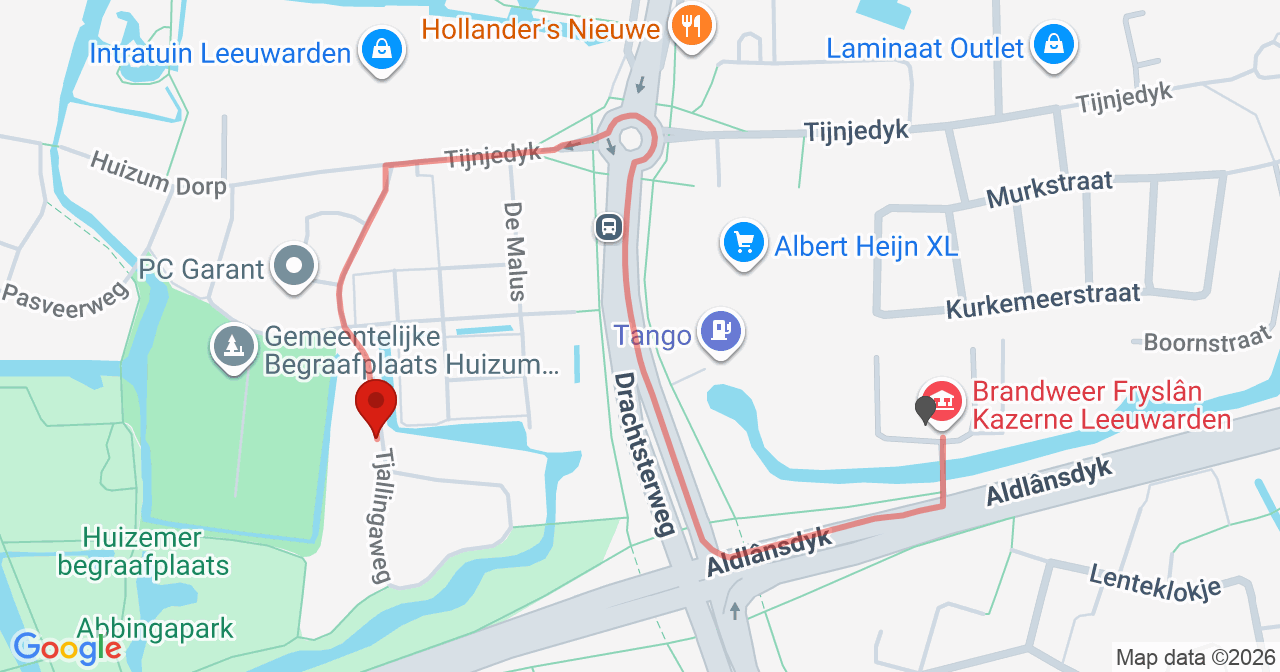Kaart van het incident in Leeuwarden met de aanrijroutes van de gealarmeerde eenheden