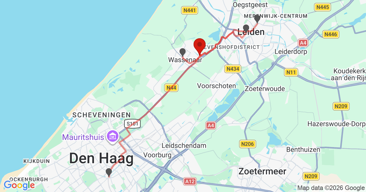 Kaart van het incident in Wassenaar met de aanrijroutes van de gealarmeerde eenheden
