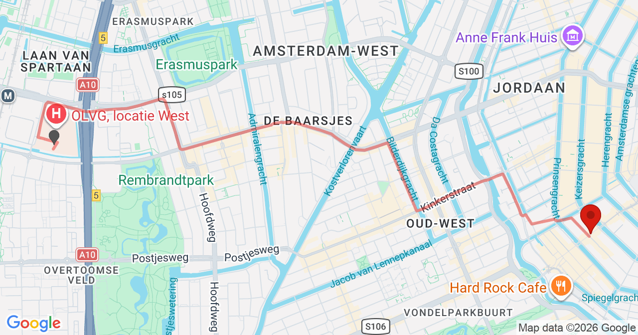 Kaart van het incident in Amsterdam met de aanrijroutes van de gealarmeerde eenheden
