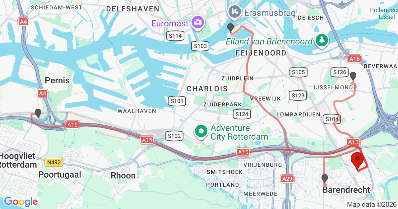 Kaart van het incident in Barendrecht met de aanrijroutes van de gealarmeerde eenheden