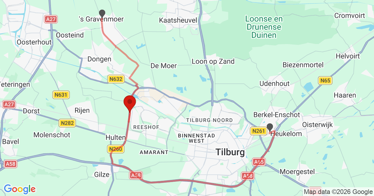 Kaart van het incident in Tilburg met de aanrijroutes van de gealarmeerde eenheden