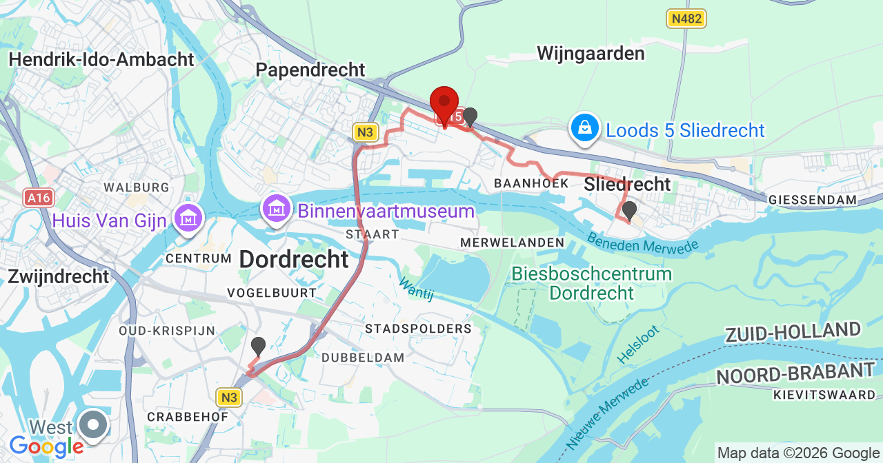 Kaart van het incident in Papendrecht met de aanrijroutes van de gealarmeerde eenheden