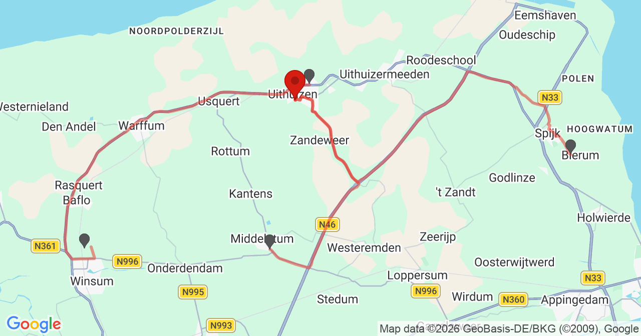 Kaart van het incident in Uithuizen met de aanrijroutes van de gealarmeerde eenheden
