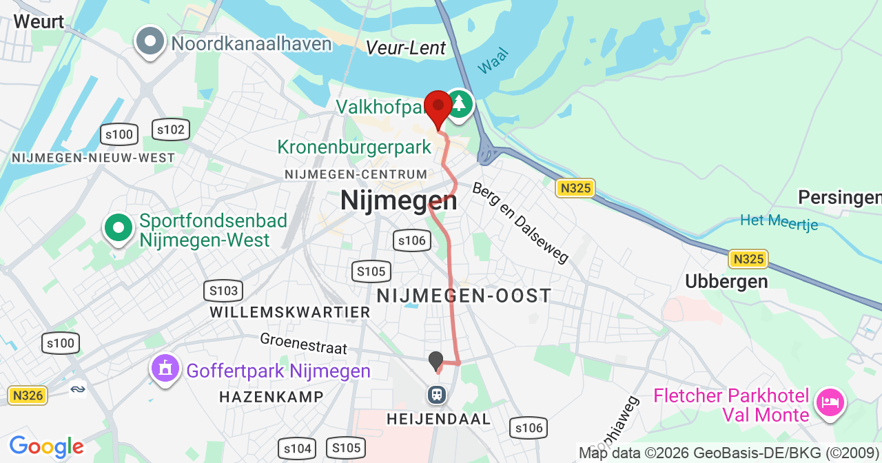Kaart van het incident in Nijmegen met de aanrijroutes van de gealarmeerde eenheden