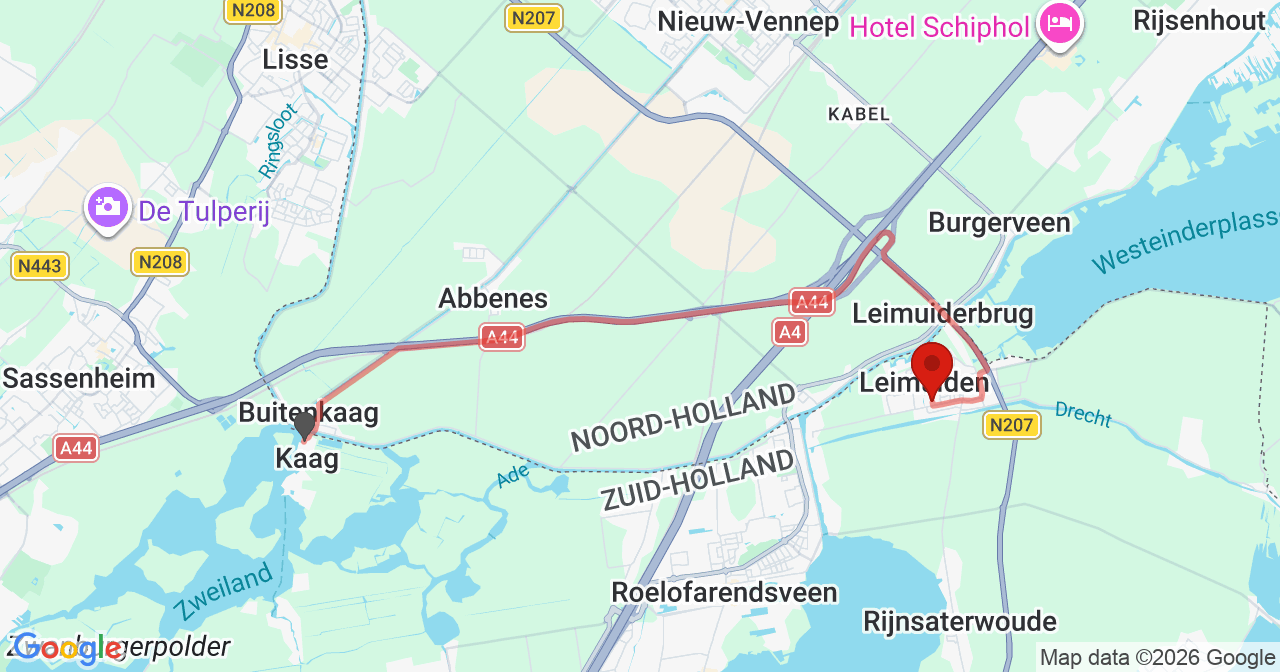 Kaart van het incident in Leimuiden met de aanrijroutes van de gealarmeerde eenheden