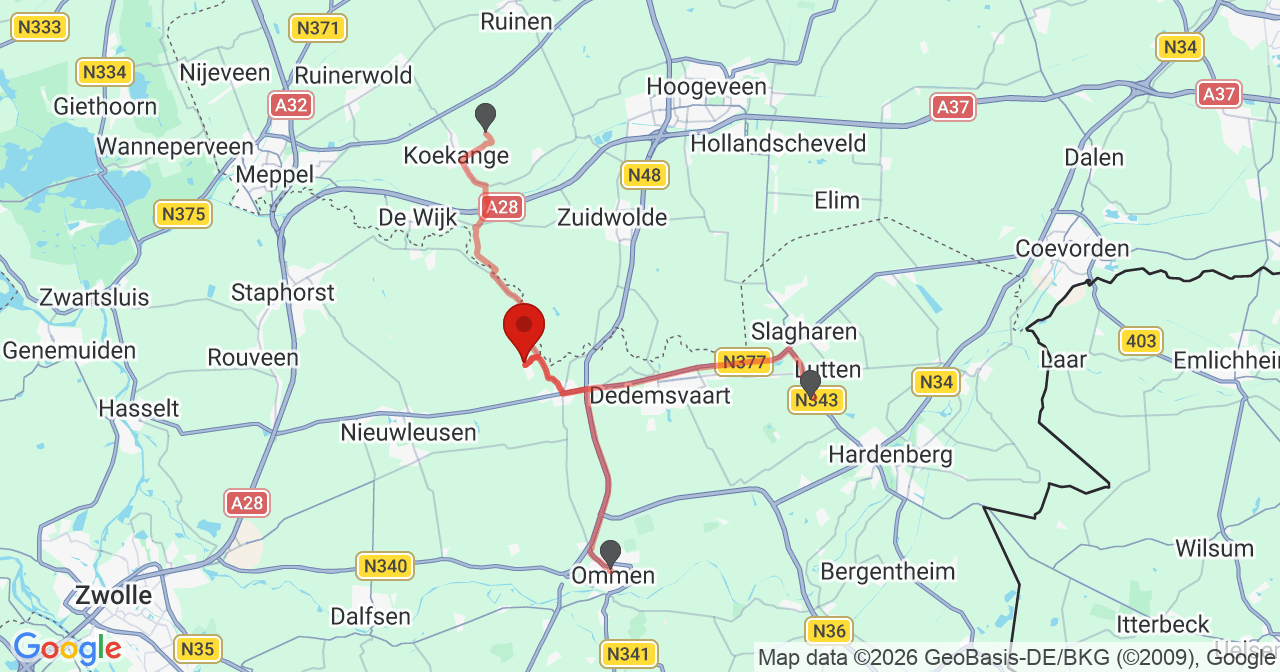 Kaart van het incident in Balkbrug met de aanrijroutes van de gealarmeerde eenheden