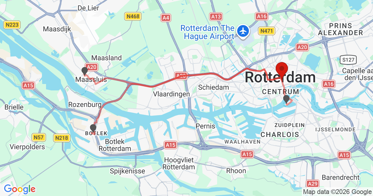 Kaart van het incident in Rotterdam met de aanrijroutes van de gealarmeerde eenheden