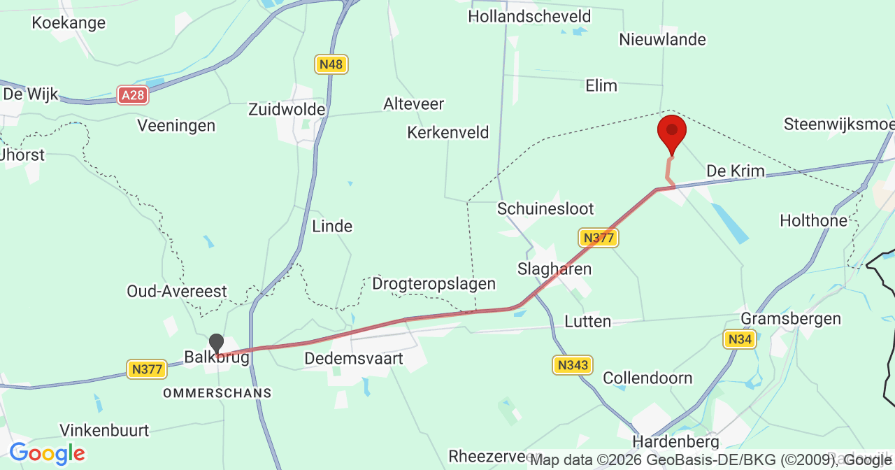 Kaart van het incident in De Krim met de aanrijroutes van de gealarmeerde eenheden