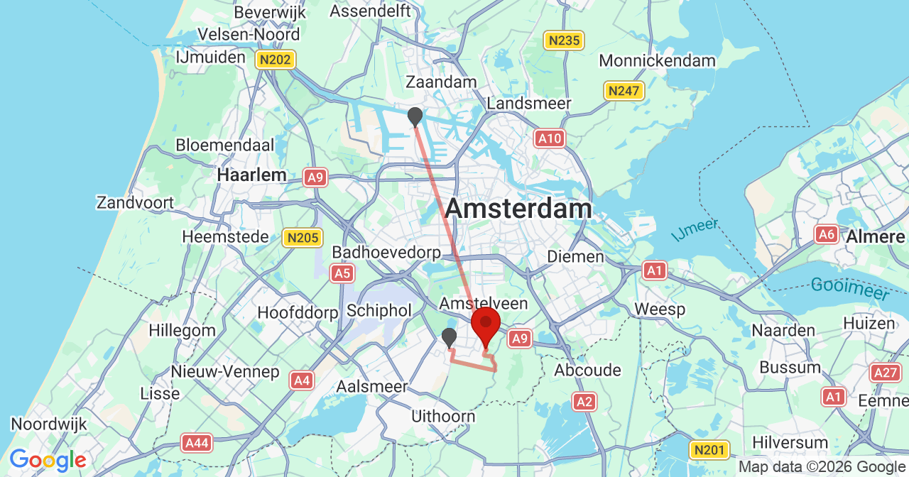 Kaart van het incident in Amstelveen met de aanrijroutes van de gealarmeerde eenheden