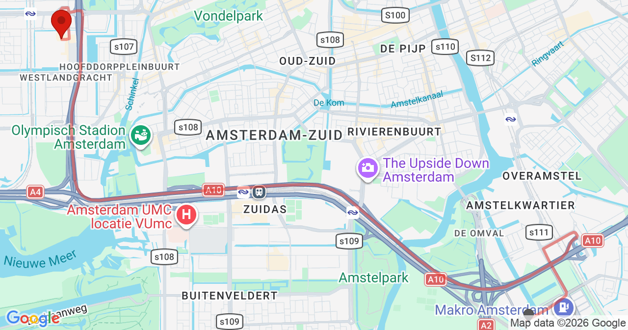 Kaart van het incident in Amsterdam met de aanrijroutes van de gealarmeerde eenheden