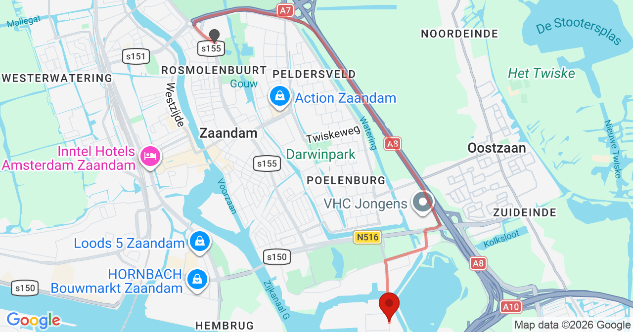 Kaart van het incident in Zaandam met de aanrijroutes van de gealarmeerde eenheden