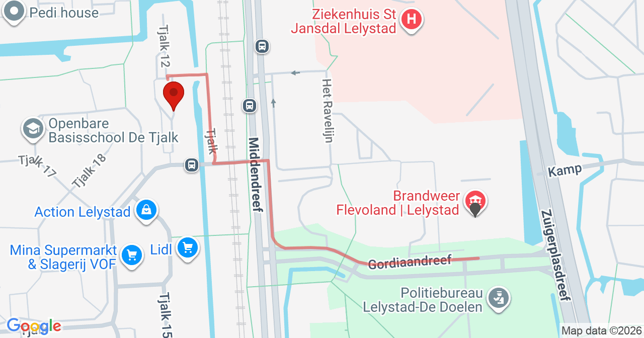 Kaart van het incident in Lelystad met de aanrijroutes van de gealarmeerde eenheden