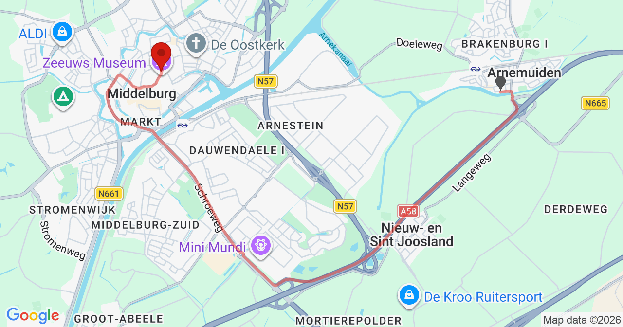 Kaart van het incident in Middelburg met de aanrijroutes van de gealarmeerde eenheden