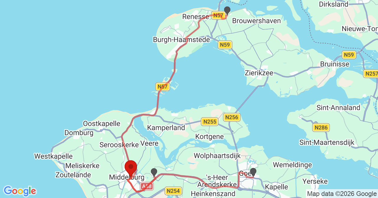 Kaart van het incident in Middelburg met de aanrijroutes van de gealarmeerde eenheden