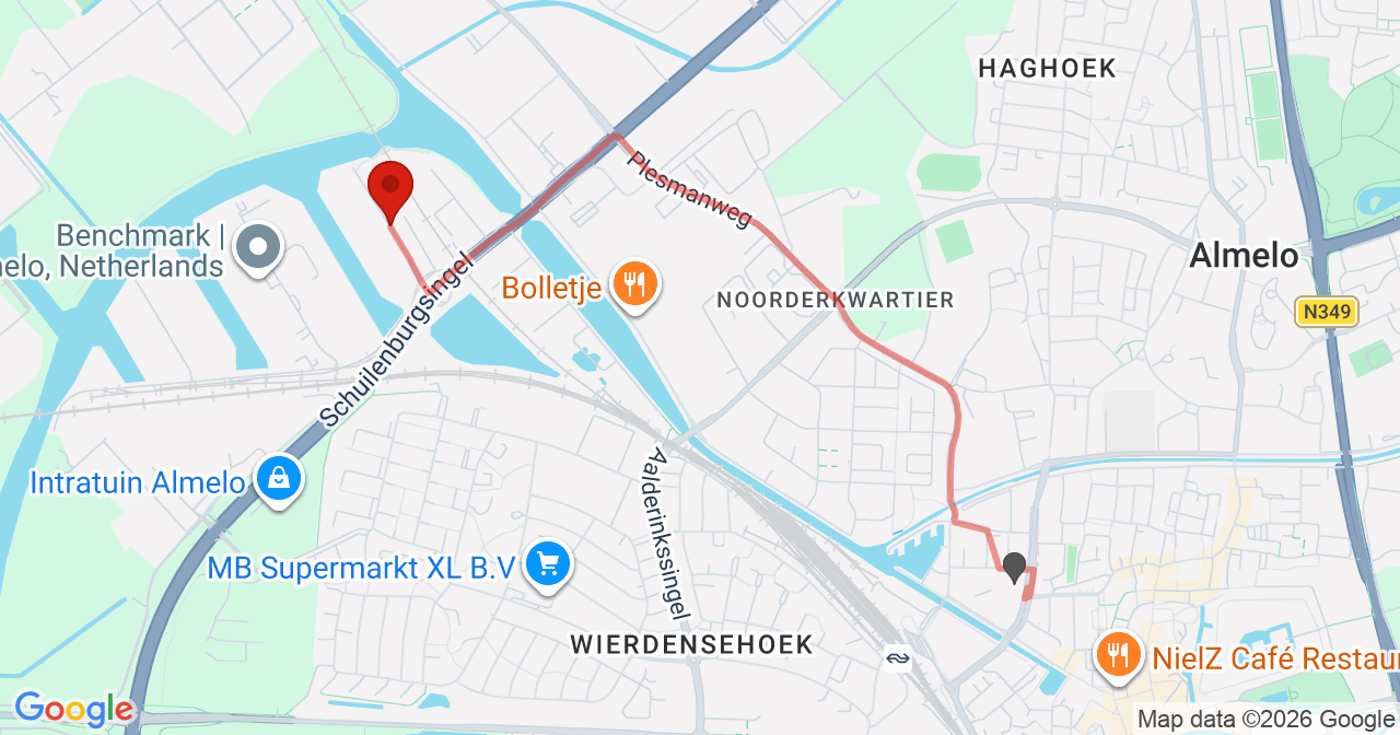 Kaart van het incident in Almelo met de aanrijroutes van de gealarmeerde eenheden