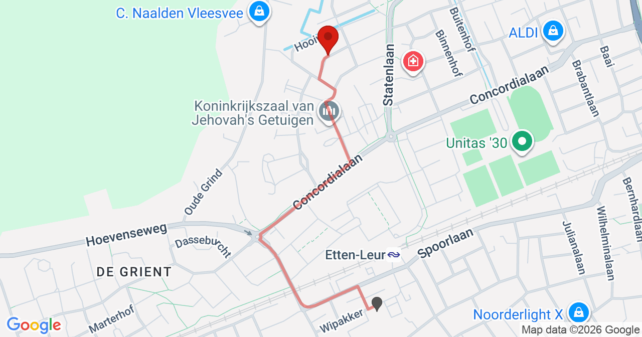 Kaart van het incident in Etten-Leur met de aanrijroutes van de gealarmeerde eenheden