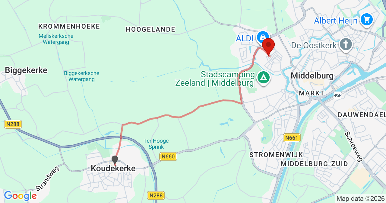 Kaart van het incident in Middelburg met de aanrijroutes van de gealarmeerde eenheden