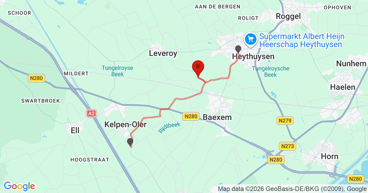 Kaart van het incident in Heythuysen met de aanrijroutes van de gealarmeerde eenheden