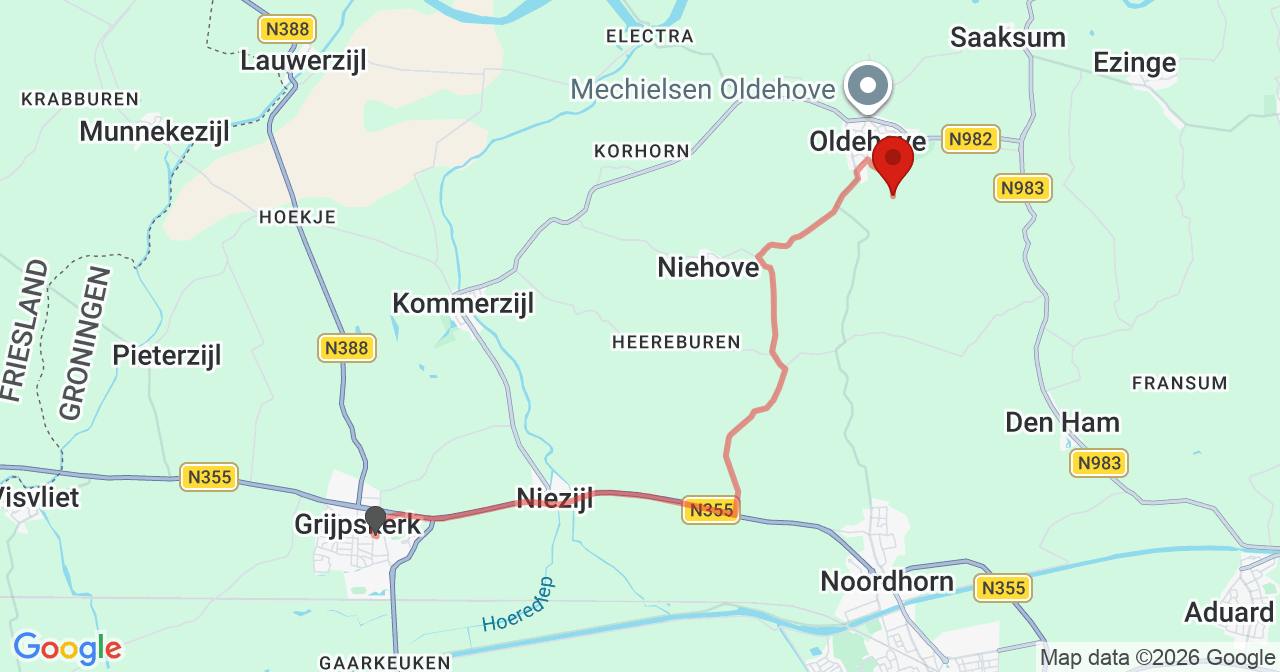 Kaart van het incident in Oldehove met de aanrijroutes van de gealarmeerde eenheden
